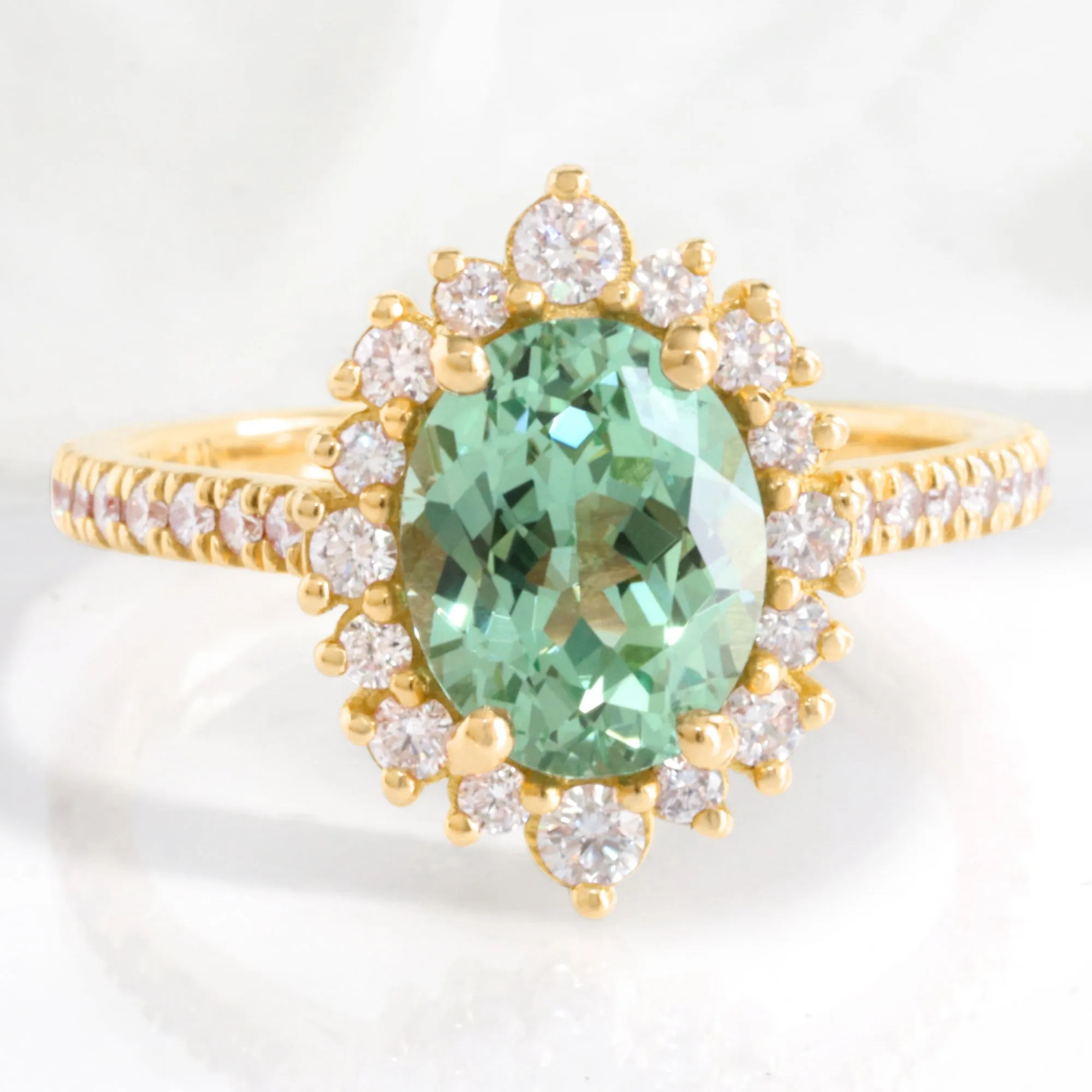 Large Oval Green Sapphire Ring in Tiara Halo Diamond Pave Band