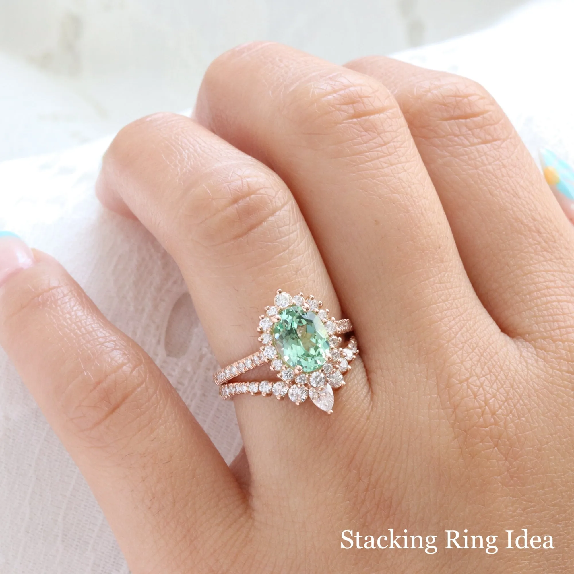 Large Oval Green Sapphire Ring in Tiara Halo Diamond Pave Band