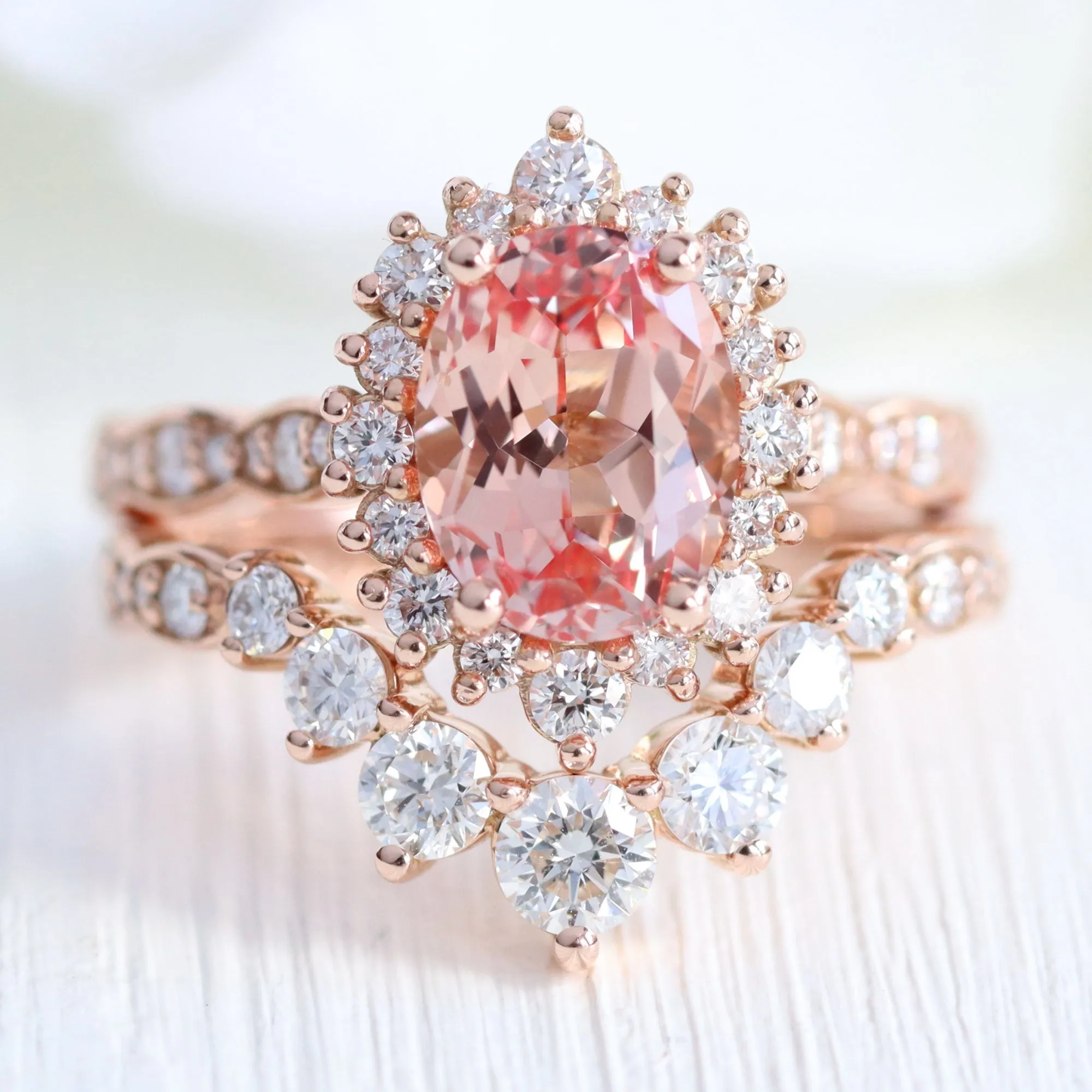 Large Tiara Halo Oval Ring Set w/ Peach Sapphire and Large 7 Diamond Scalloped Band