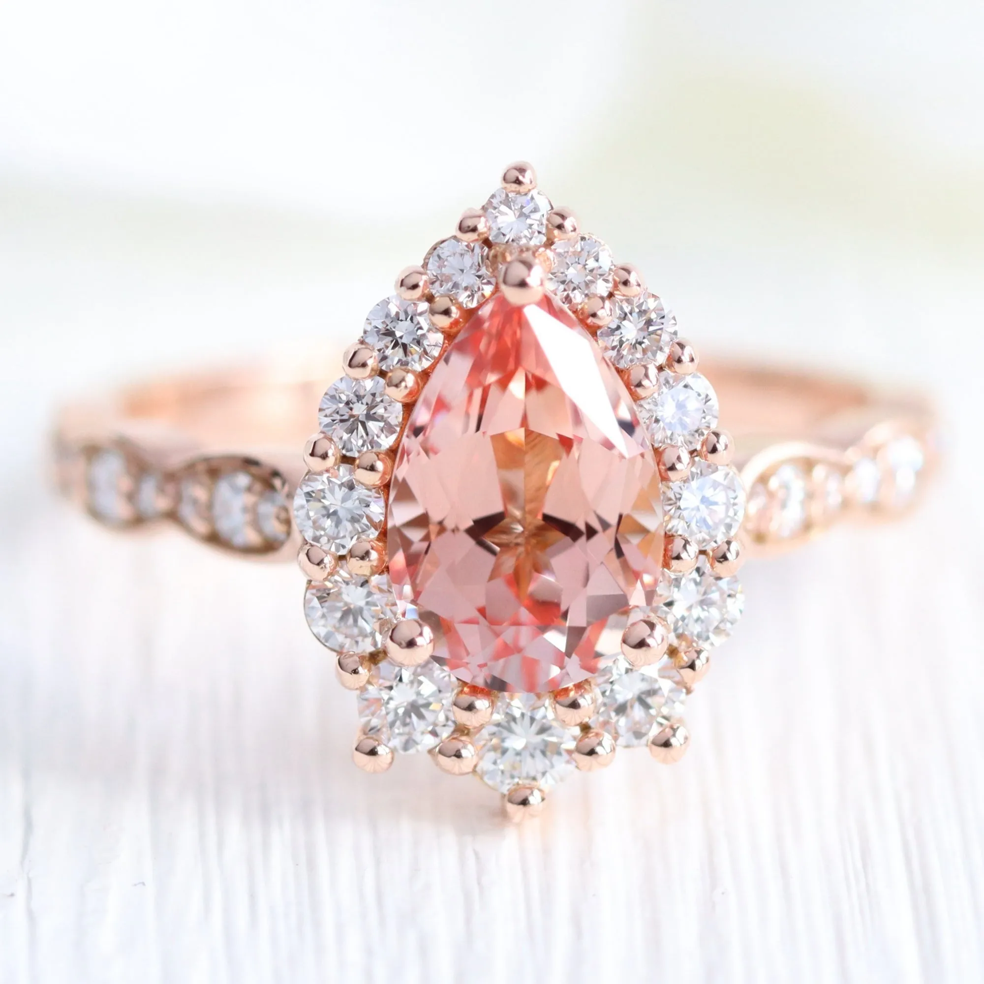 Large Tiara Halo Pear Ring Set w/ Peach Sapphire and Large 7 Diamond U Band