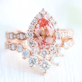 Large Tiara Halo Pear Ring Set w/ Peach Sapphire and Large 7 Diamond U Band