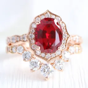 Large Vintage Floral Oval Ruby Ring Set w/ Large 7 Diamond U Shaped Scalloped Band