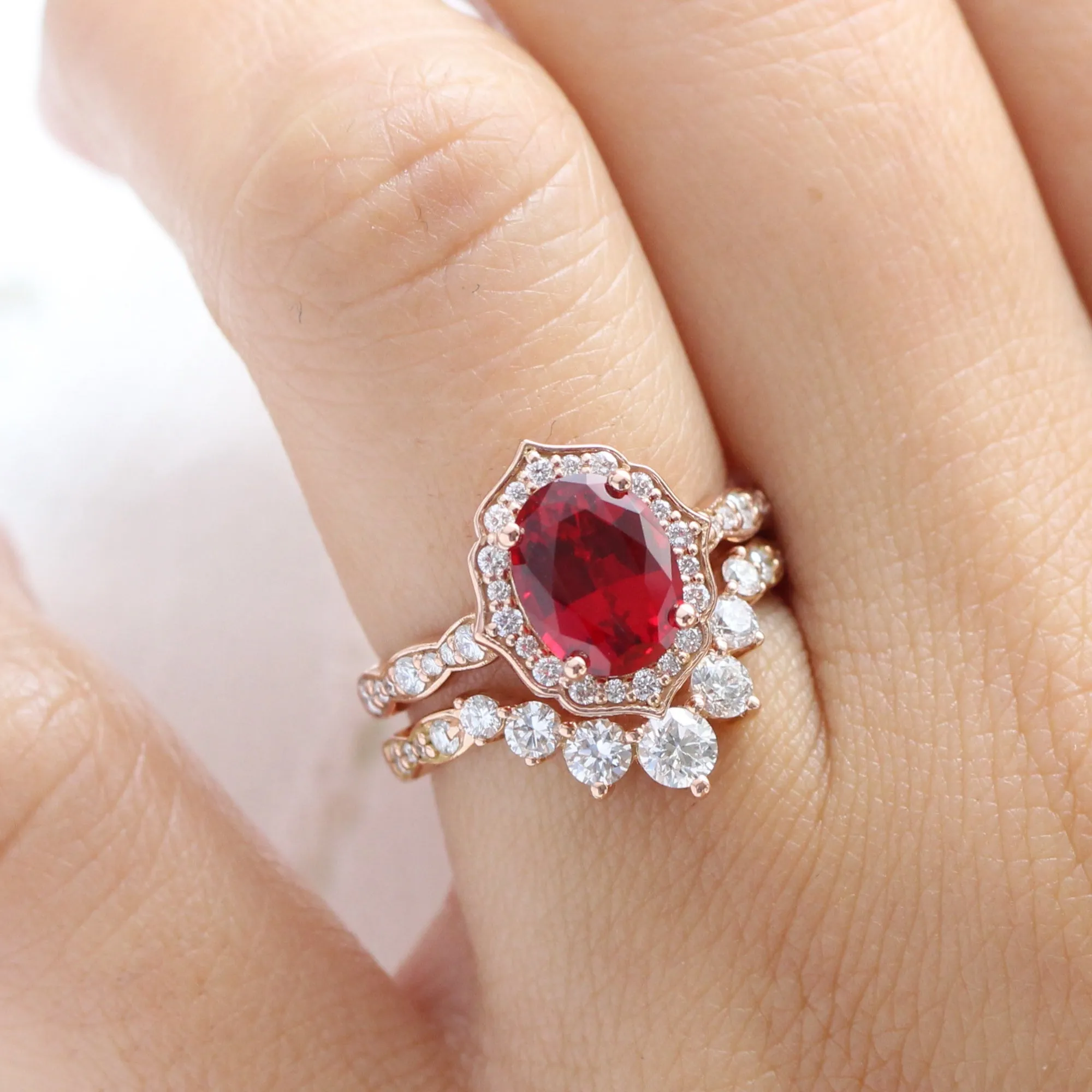 Large Vintage Floral Oval Ruby Ring Set w/ Large 7 Diamond U Shaped Scalloped Band