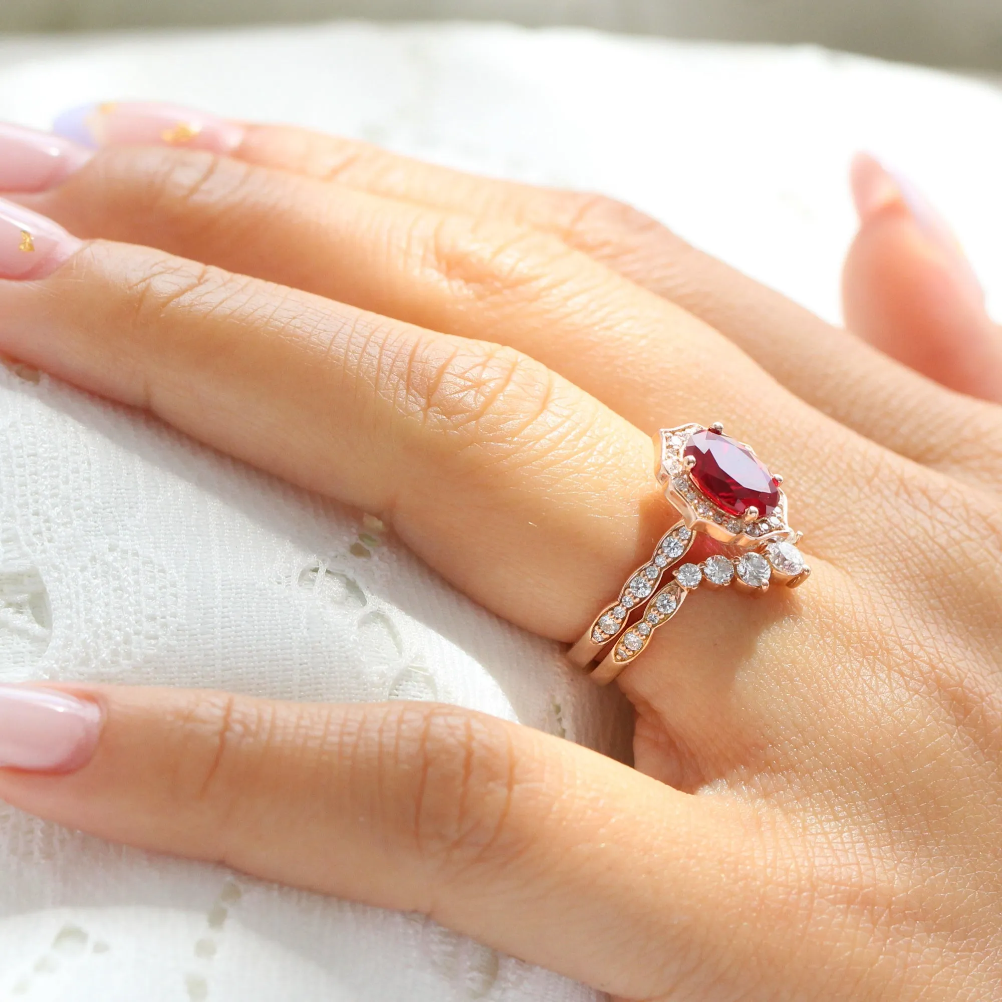 Large Vintage Floral Oval Ruby Ring Set w/ Large 7 Diamond U Shaped Scalloped Band