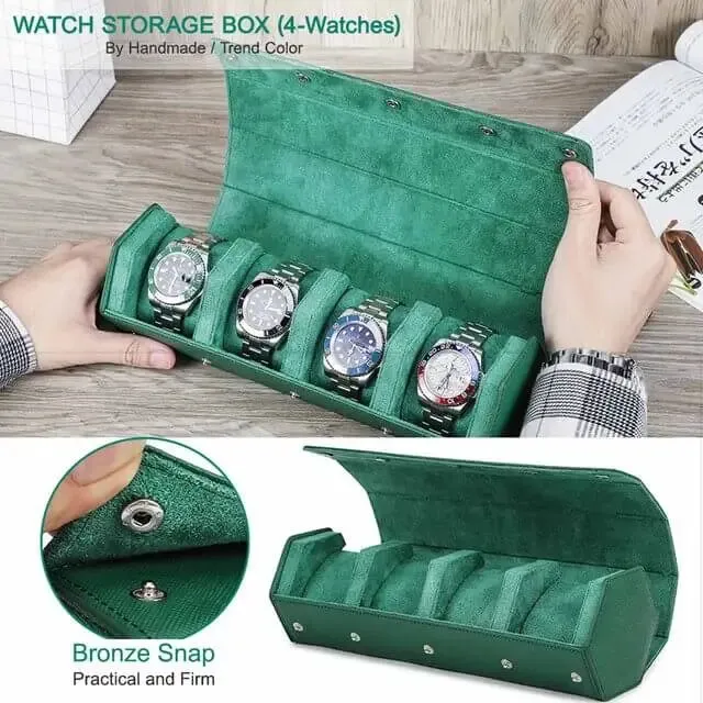 Leather Man Travel Watch Case Roll Organizer Classic Green-4 Slot