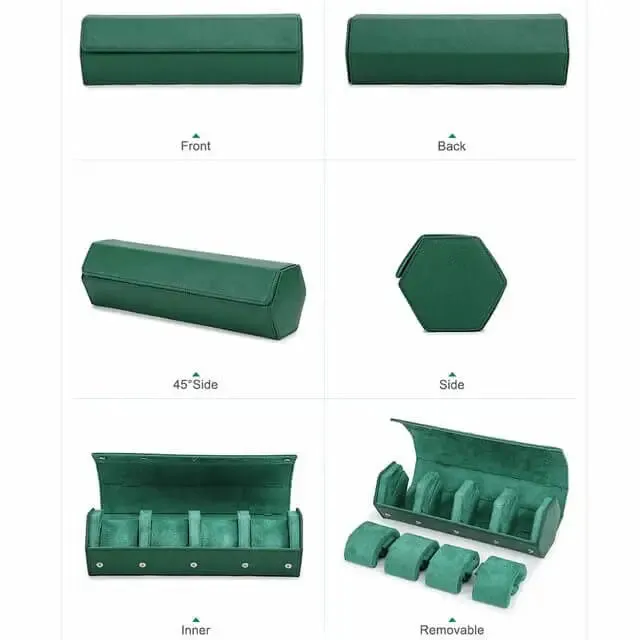 Leather Man Travel Watch Case Roll Organizer Classic Green-4 Slot