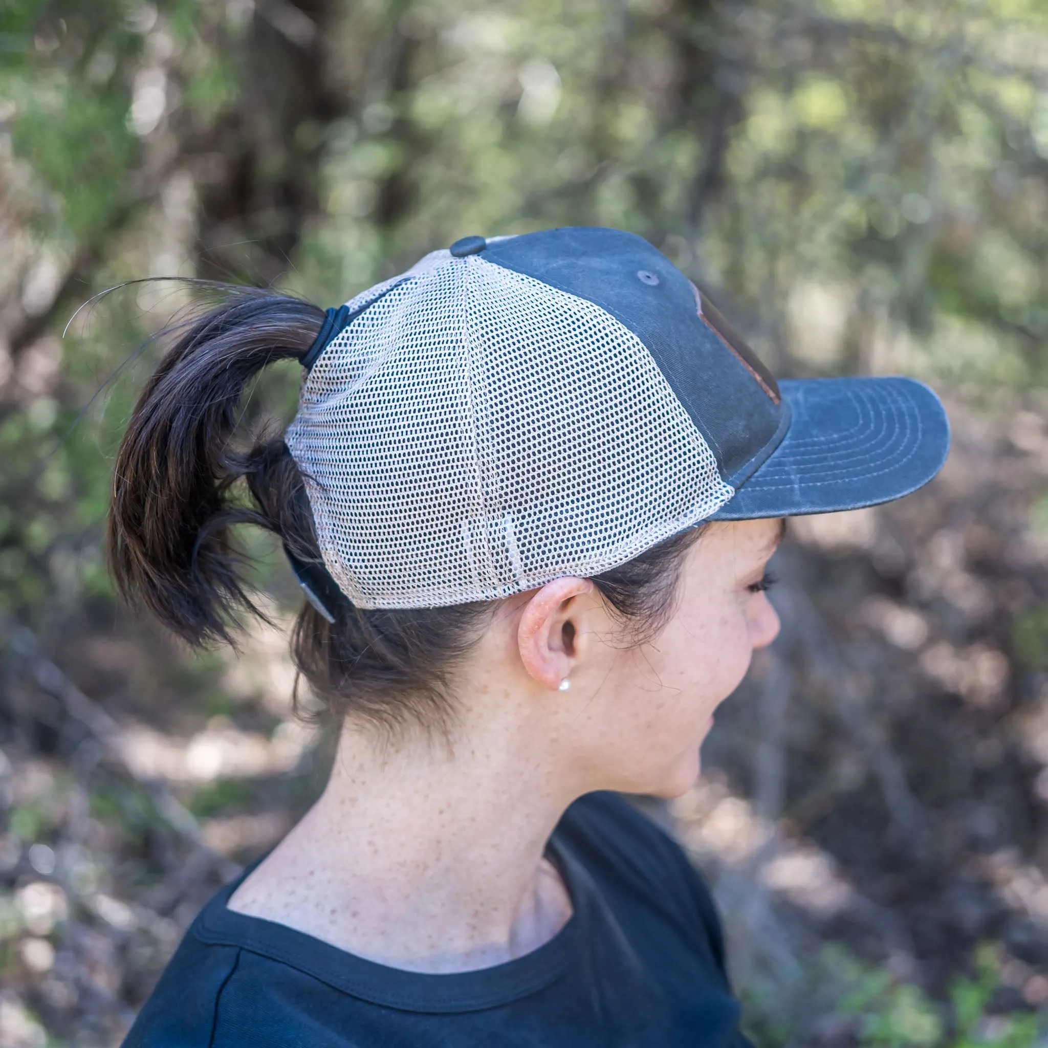 Leather Patch Ponytail Style Hat - Idaho Stamp