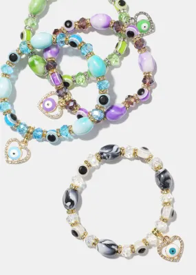 Light Color Bead Bracelet with Heart & evil Eye