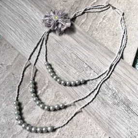 LONG BEADED PEARL CORSAGE MULTI-LAYER NECKLACE - SILVER GREY