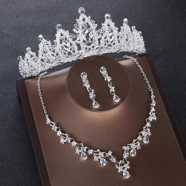 Luxury Heart Crystal Bridal Jewelry Sets Wedding Cubic Zircon Crown Tiaras Earring Choker Necklace Set