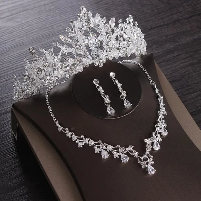 Luxury Heart Crystal Bridal Jewelry Sets Wedding Cubic Zircon Crown Tiaras Earring Choker Necklace Set