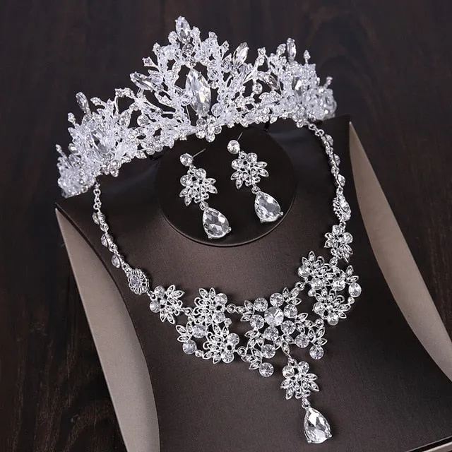 Luxury Heart Crystal Bridal Jewelry Sets Wedding Cubic Zircon Crown Tiaras Earring Choker Necklace Set