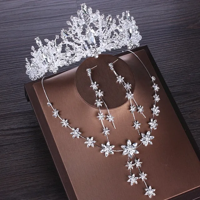 Luxury Heart Crystal Bridal Jewelry Sets Wedding Cubic Zircon Crown Tiaras Earring Choker Necklace Set