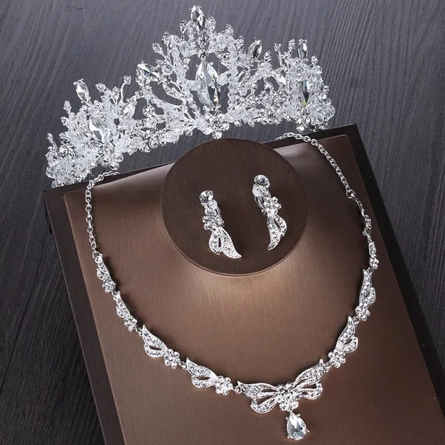 Luxury Heart Crystal Bridal Jewelry Sets Wedding Cubic Zircon Crown Tiaras Earring Choker Necklace Set