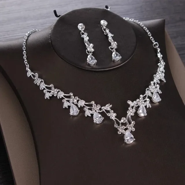 Luxury Heart Crystal Bridal Jewelry Sets Wedding Cubic Zircon Crown Tiaras Earring Choker Necklace Set