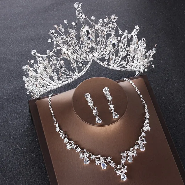 Luxury Heart Crystal Bridal Jewelry Sets Wedding Cubic Zircon Crown Tiaras Earring Choker Necklace Set