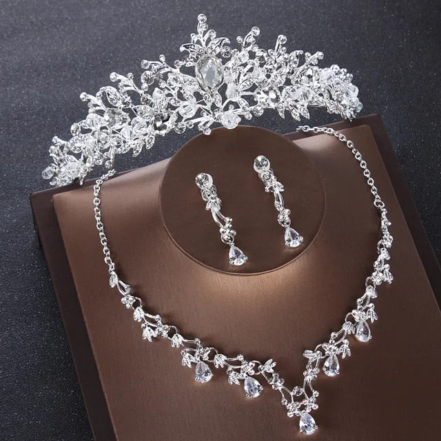 Luxury Heart Crystal Bridal Jewelry Sets Wedding Cubic Zircon Crown Tiaras Earring Choker Necklace Set