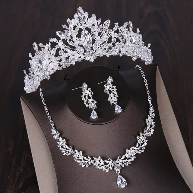 Luxury Heart Crystal Bridal Jewelry Sets Wedding Cubic Zircon Crown Tiaras Earring Choker Necklace Set