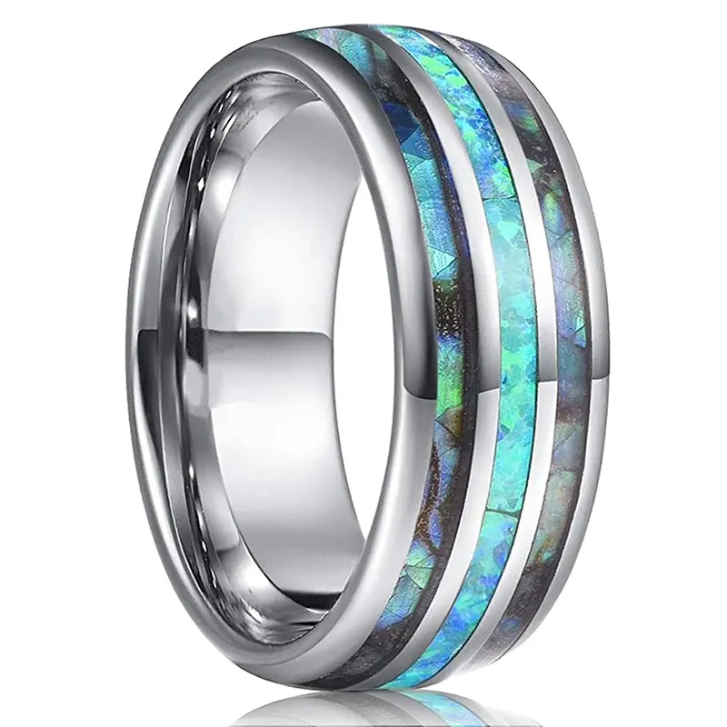 Luxury Silver Tungsten Carbide Ring with Blue Fire Opal & Abalone Shell Inlay-Sizes 5-15