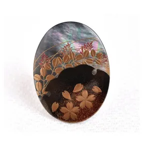 Maki-e Urushi Lacquer Brooch - Black Lip Oyster Pearl Shell / Cherry Blossom and Bush Clover -, Traditional Japanese Urushi Lacquer Jewelry