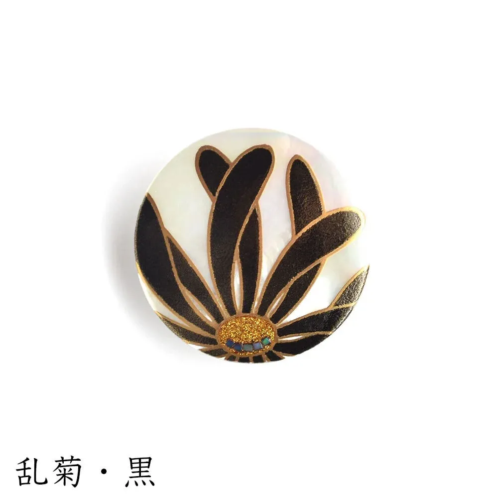 Maki-e Urushi Lacquer Brooch - White South Sea Pearl Shell / Chrysanthemum / Black -, Traditional Japanese Urushi Lacquer Jewelry