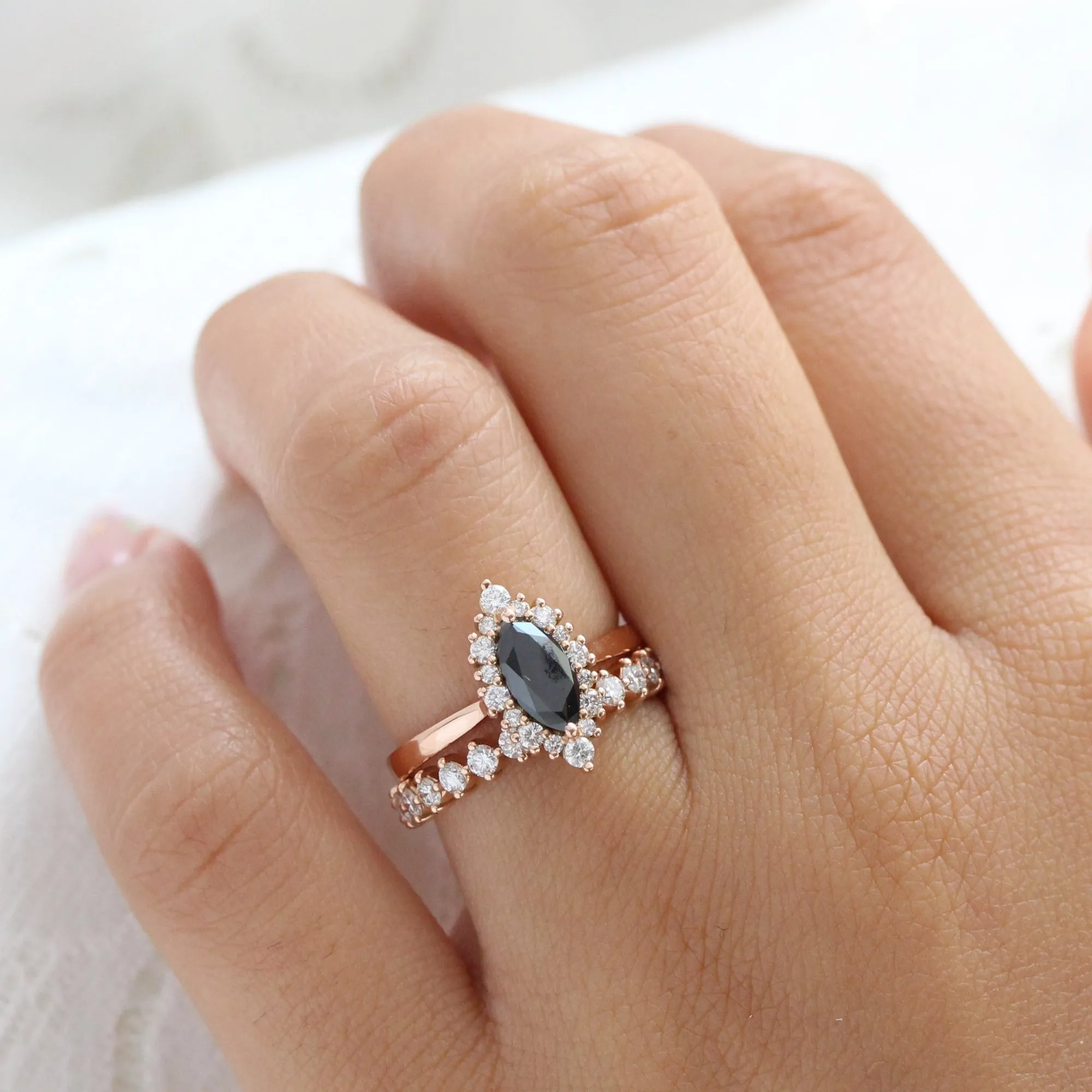 Marquise Black Diamond Ring in Tiara Halo Tapered Band