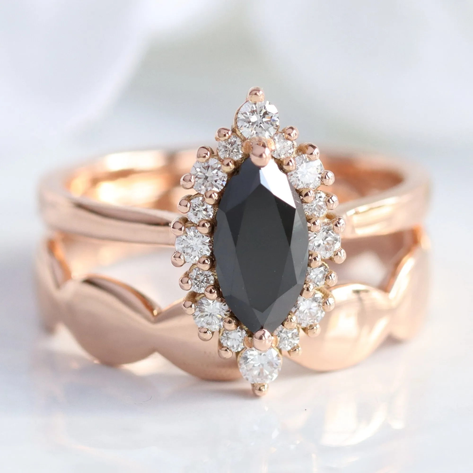 Marquise Black Diamond Ring in Tiara Halo Tapered Band