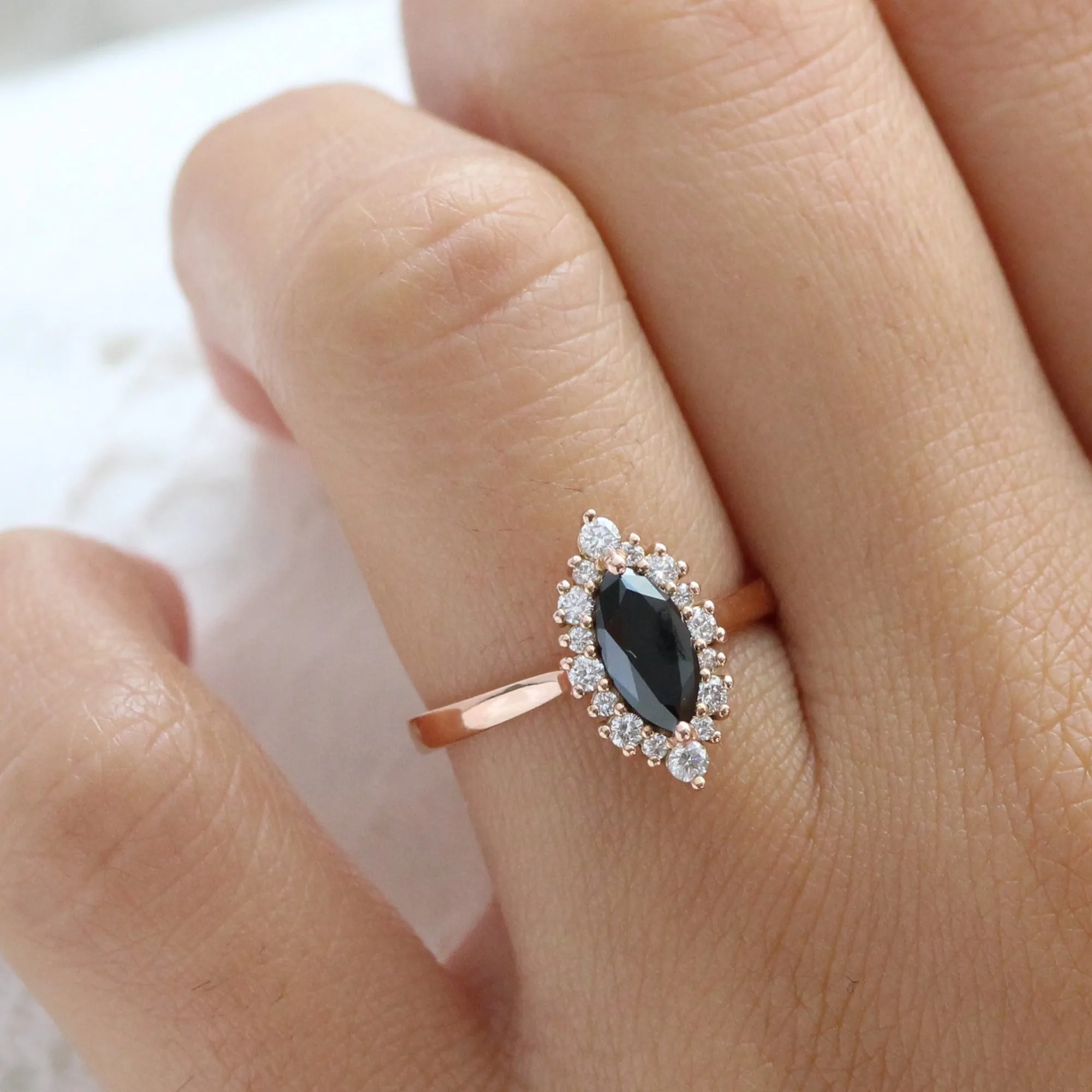 Marquise Black Diamond Ring in Tiara Halo Tapered Band