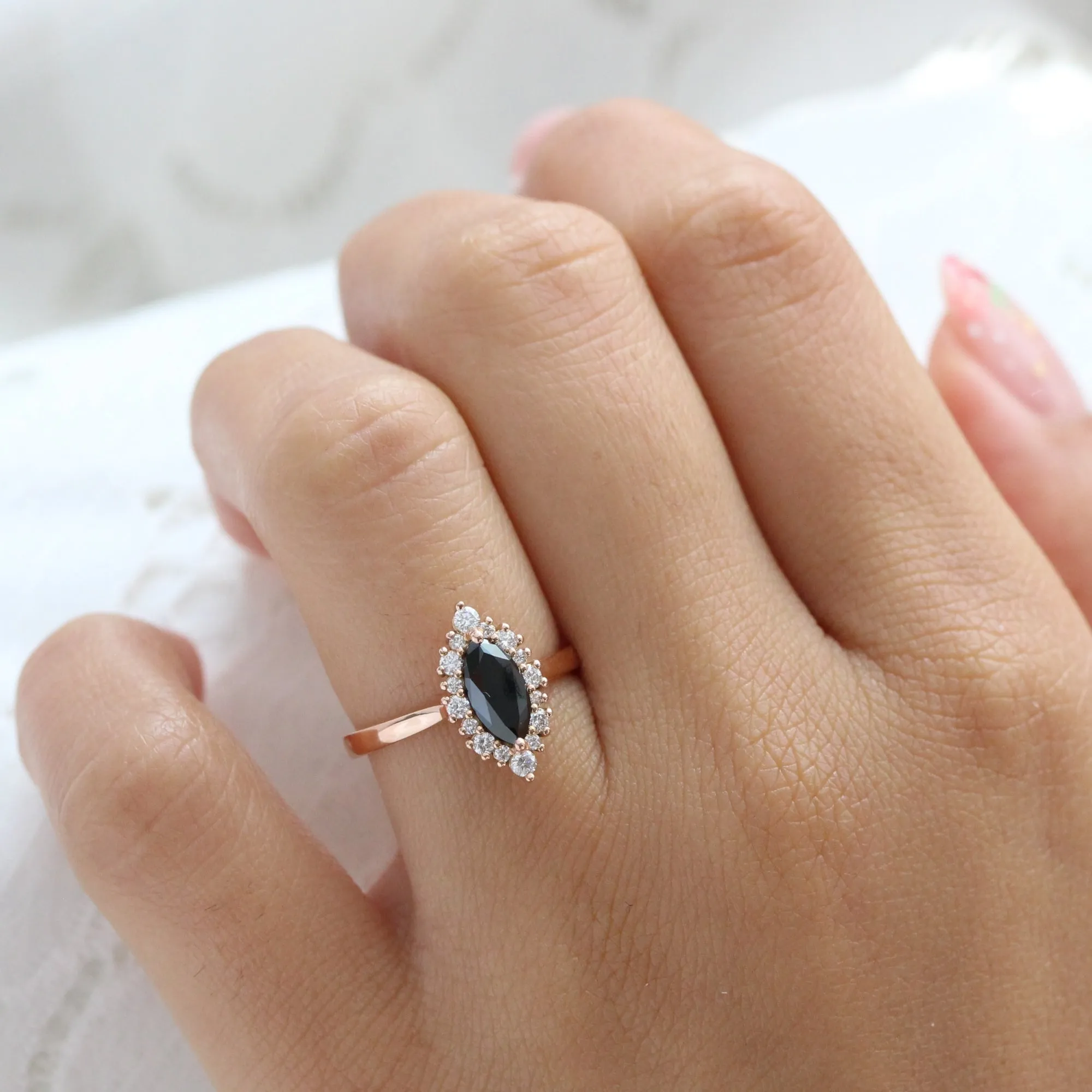 Marquise Black Diamond Ring in Tiara Halo Tapered Band