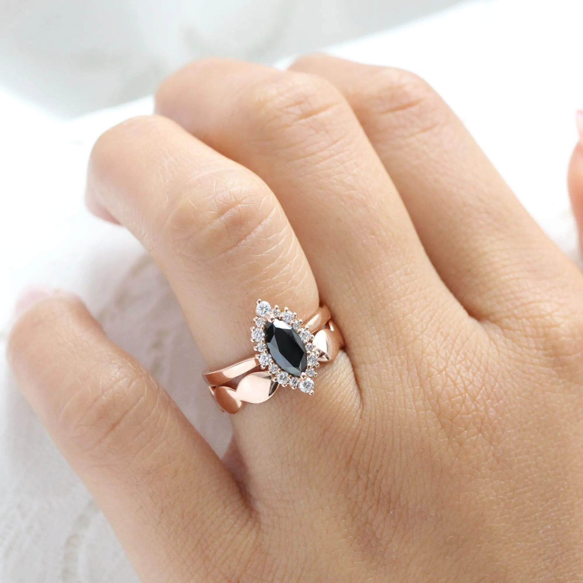 Marquise Black Diamond Ring in Tiara Halo Tapered Band