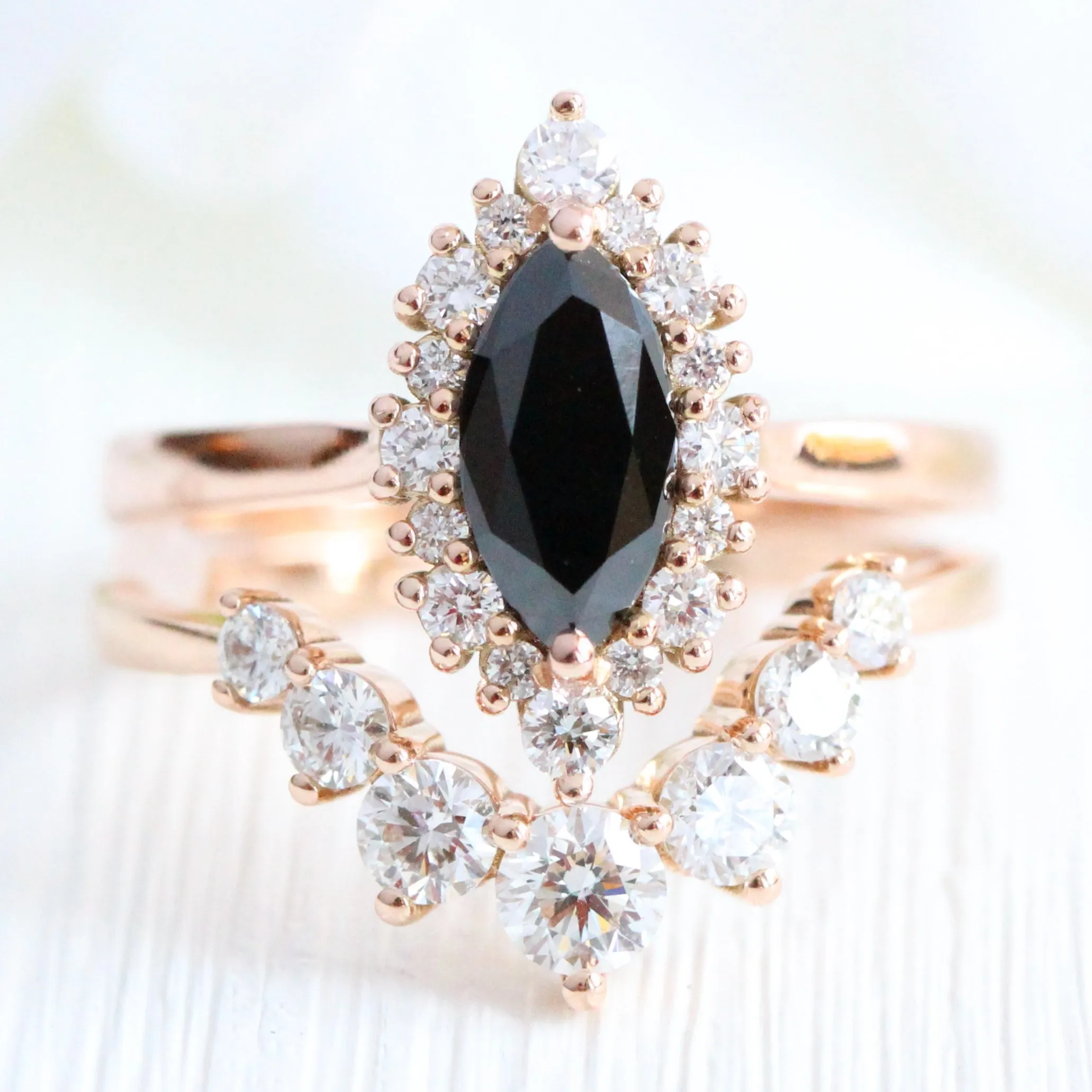 Marquise Black Diamond Ring in Tiara Halo Tapered Band