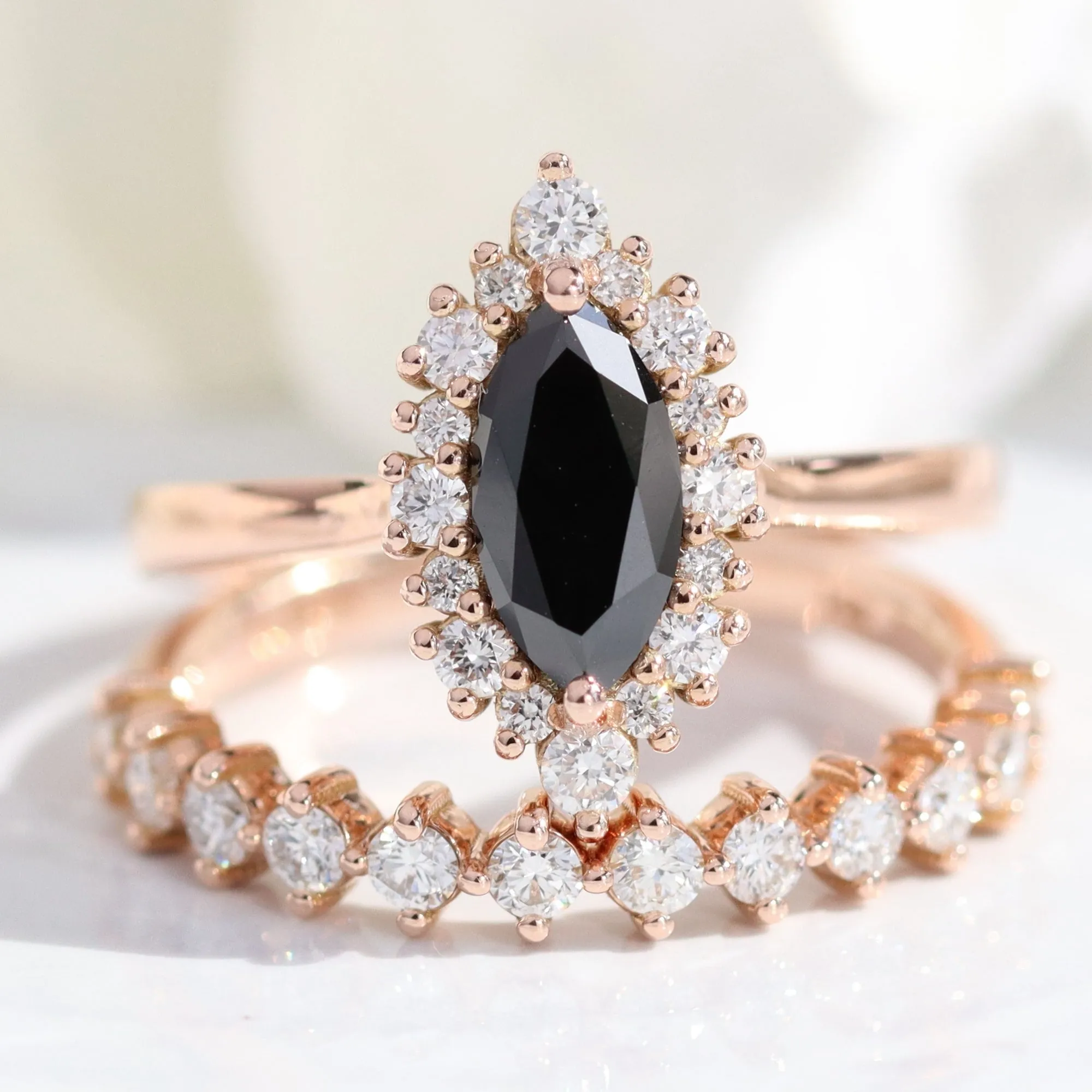 Marquise Black Diamond Ring in Tiara Halo Tapered Band