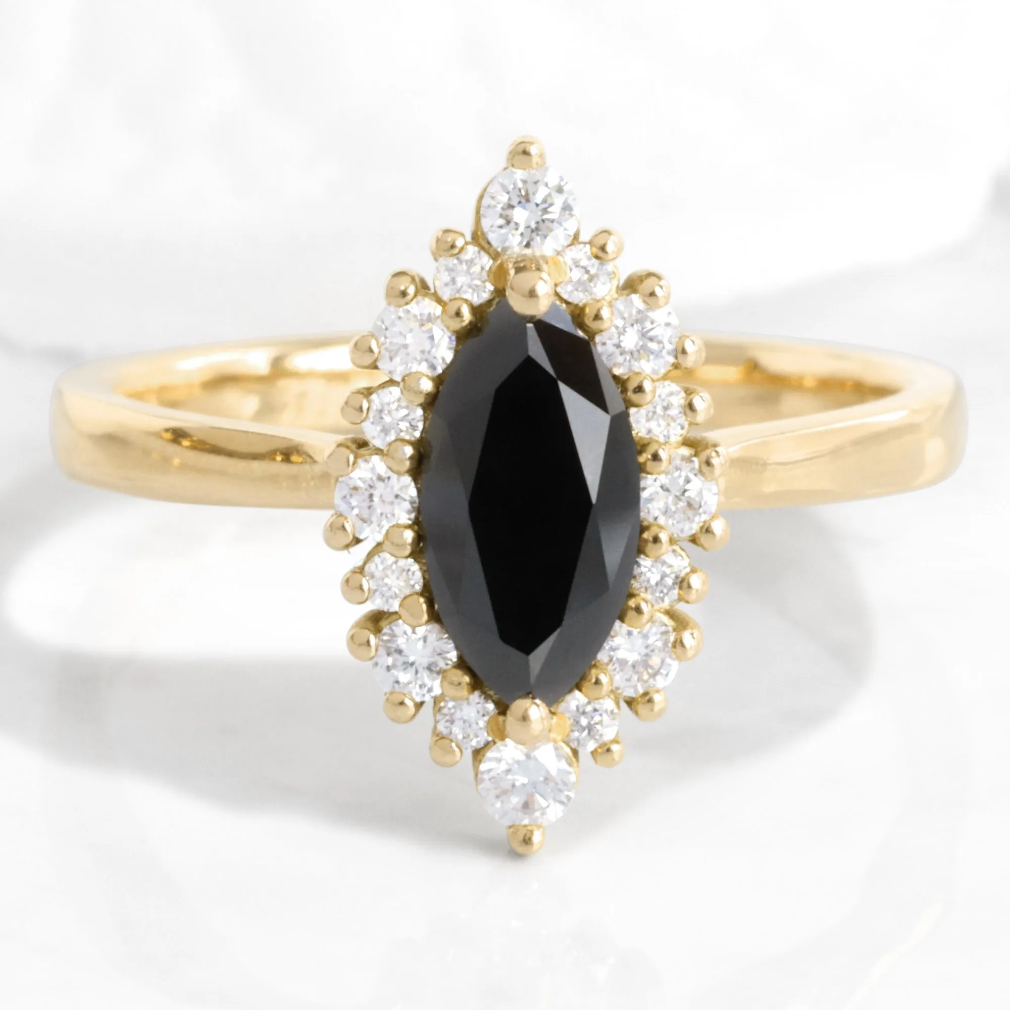 Marquise Black Diamond Ring in Tiara Halo Tapered Band