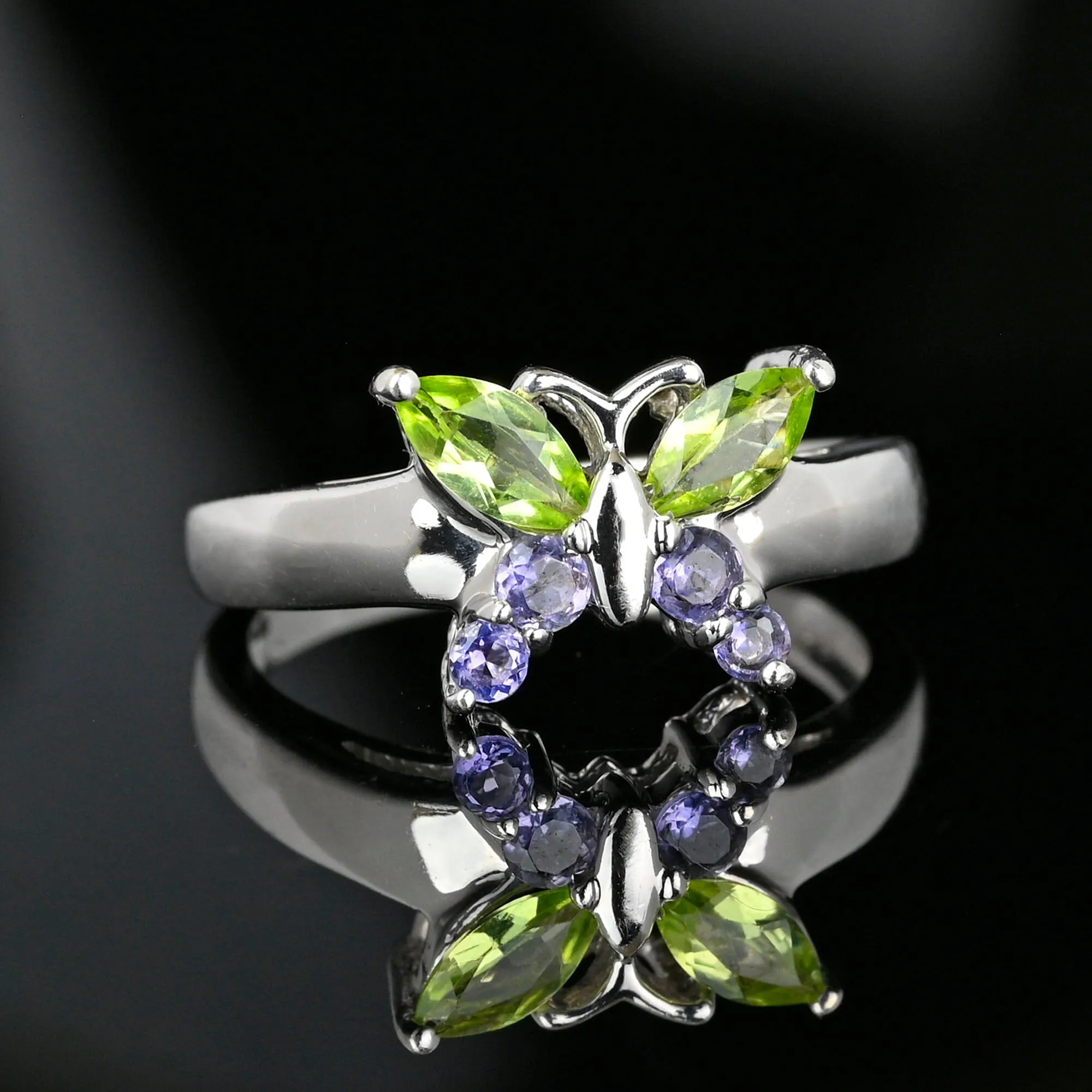 Marquise Green Peridot Amethyst White Gold Butterfly Ring