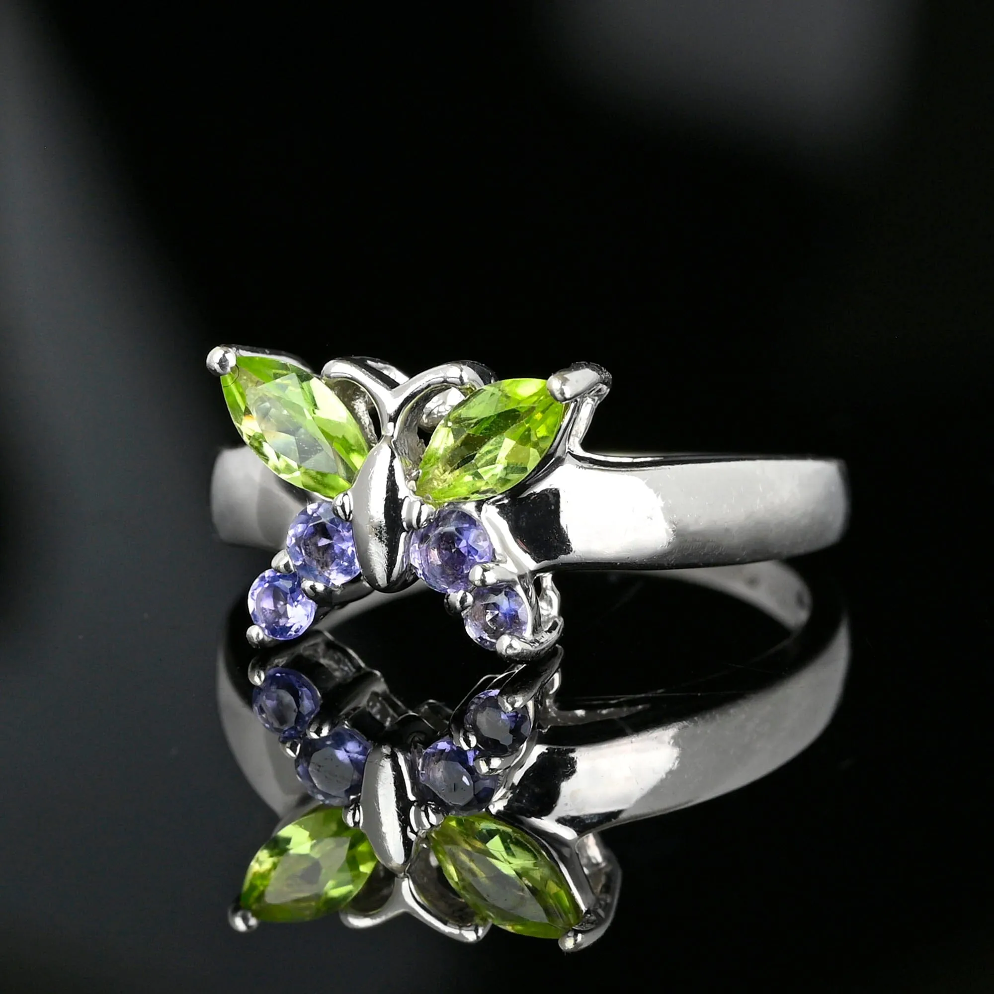 Marquise Green Peridot Amethyst White Gold Butterfly Ring