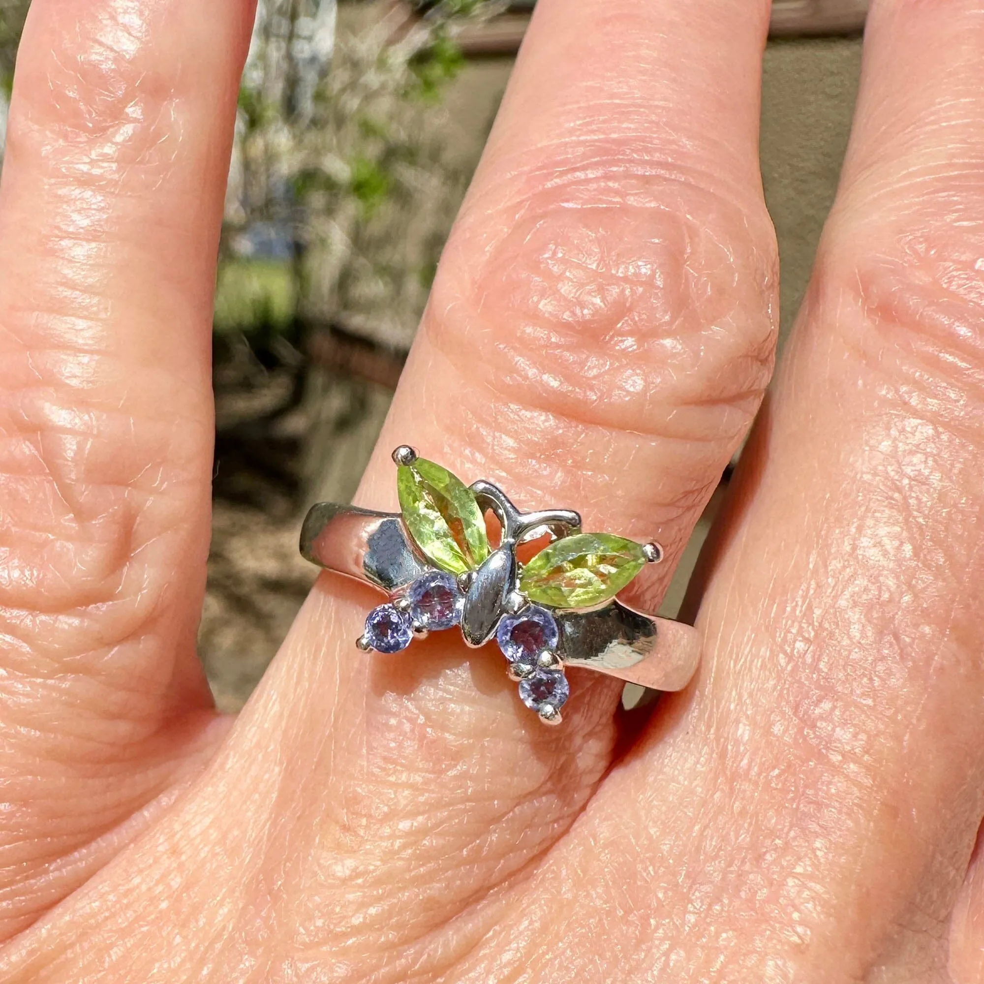 Marquise Green Peridot Amethyst White Gold Butterfly Ring