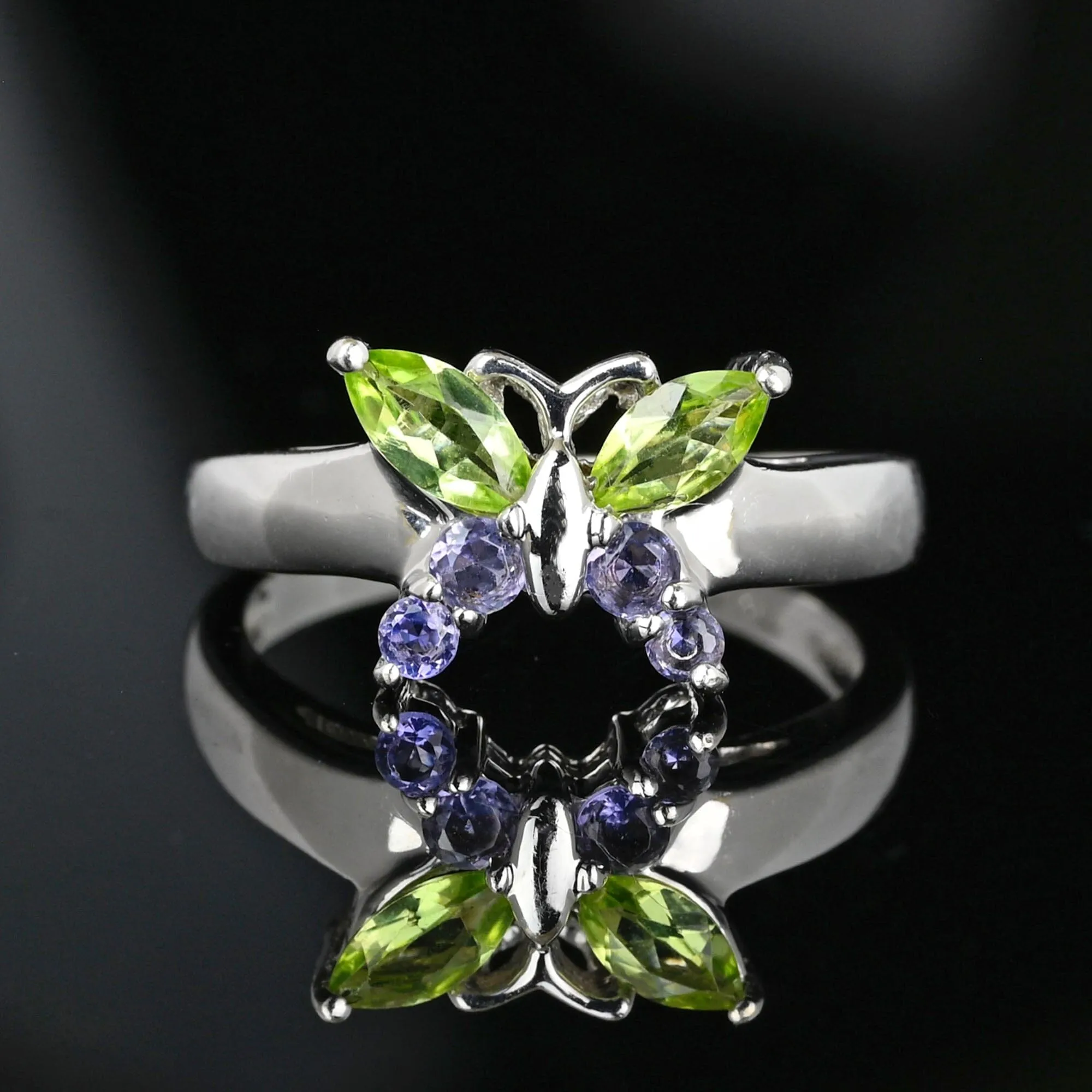 Marquise Green Peridot Amethyst White Gold Butterfly Ring