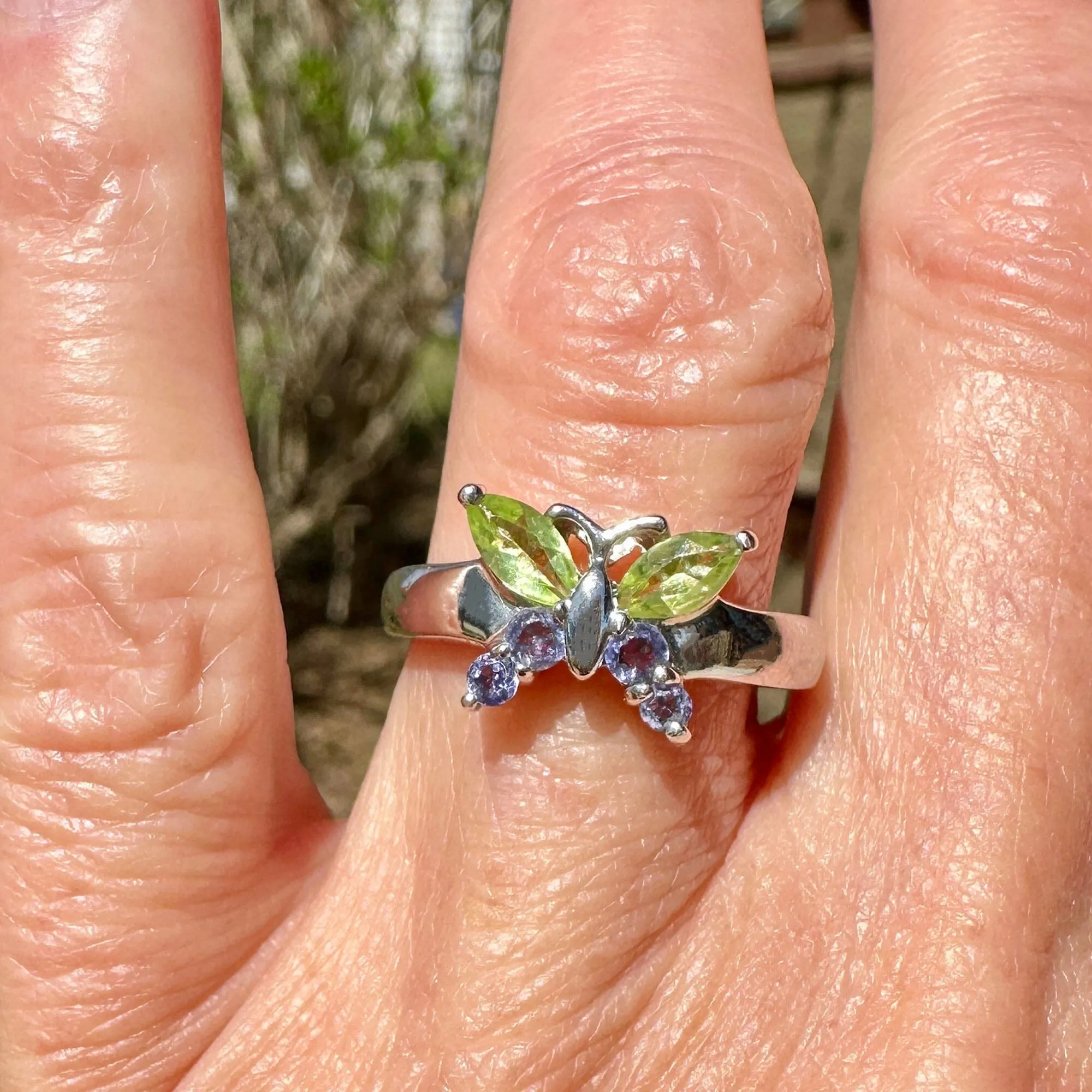 Marquise Green Peridot Amethyst White Gold Butterfly Ring