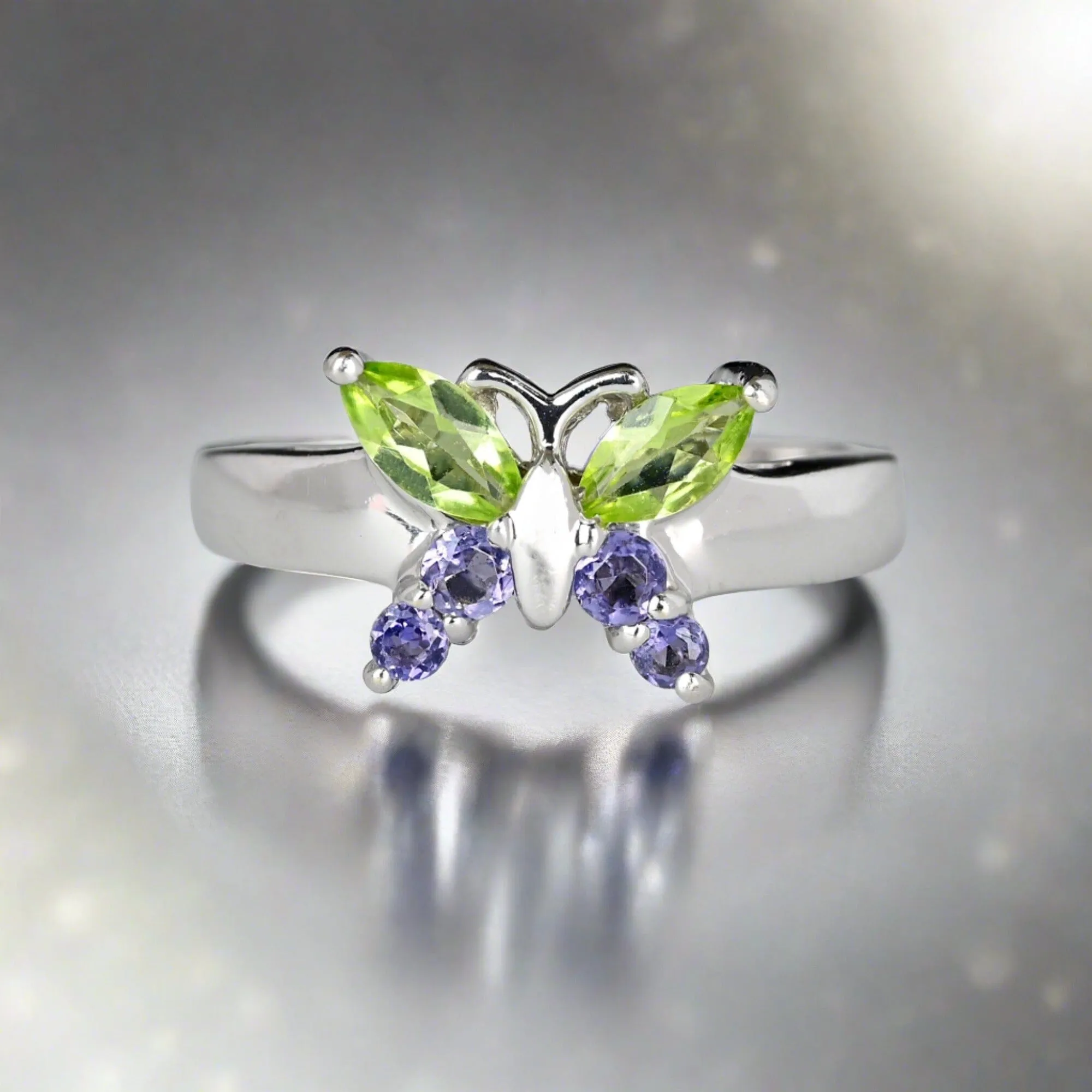 Marquise Green Peridot Amethyst White Gold Butterfly Ring