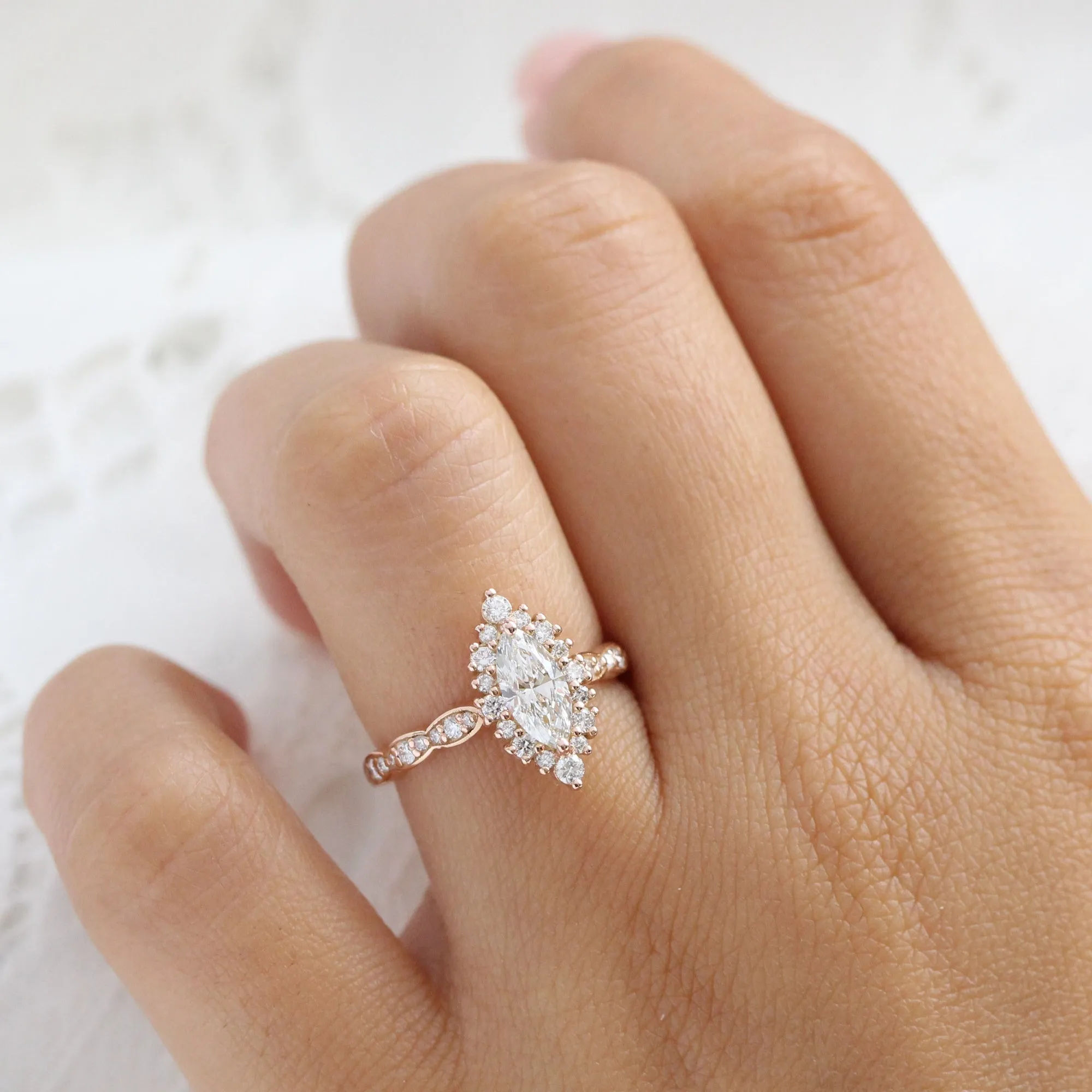 Marquise Lab Diamond Scalloped Ring w/ Natural Diamonds in Tiara Halo Ring