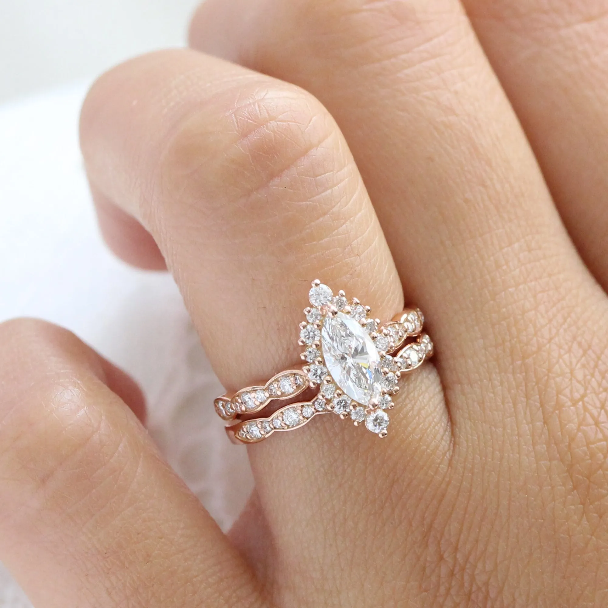 Marquise Lab Diamond Scalloped Ring w/ Natural Diamonds in Tiara Halo Ring