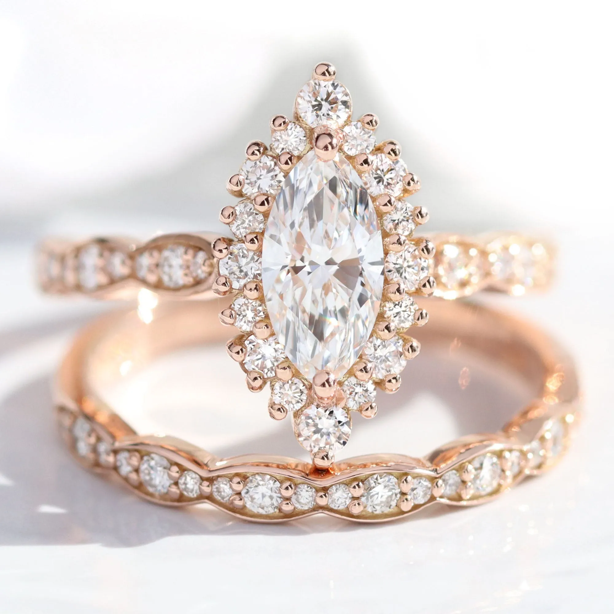 Marquise Lab Diamond Scalloped Ring w/ Natural Diamonds in Tiara Halo Ring