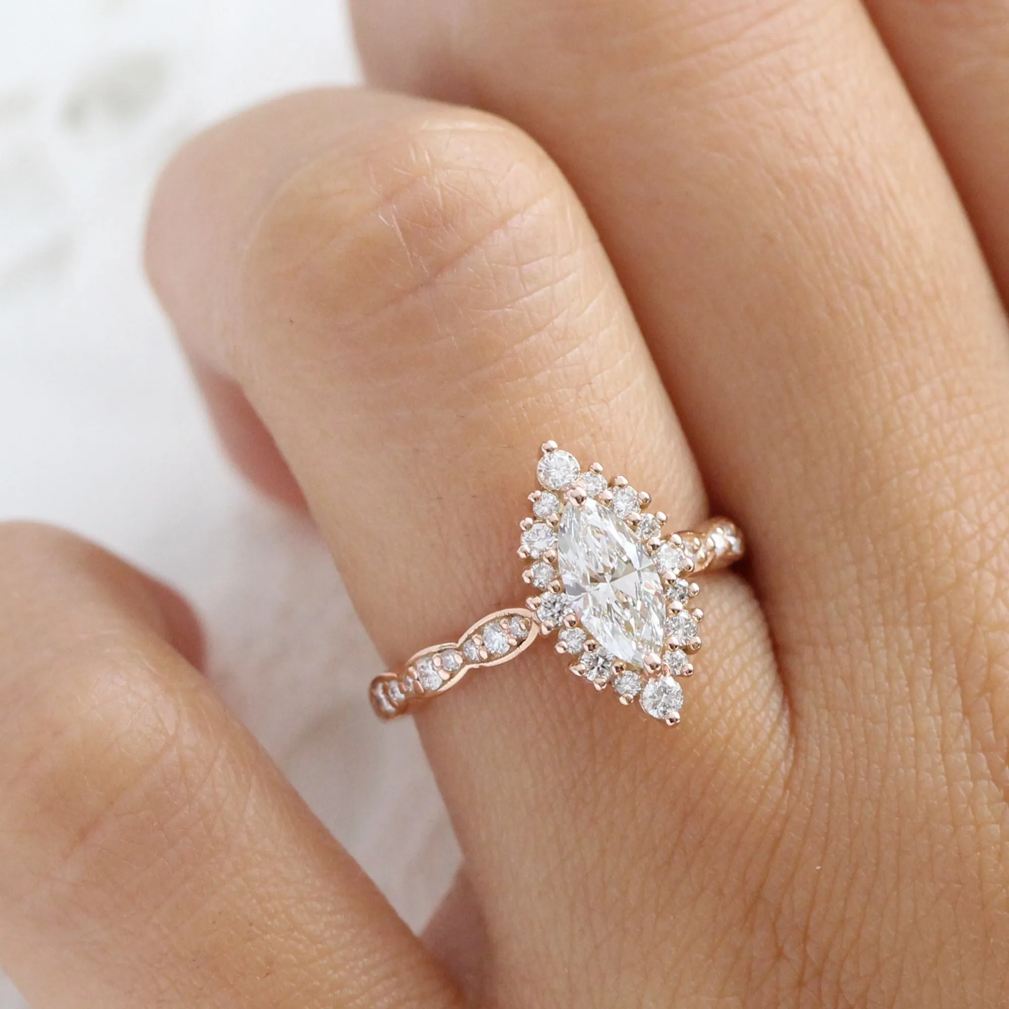 Marquise Lab Diamond Scalloped Ring w/ Natural Diamonds in Tiara Halo Ring