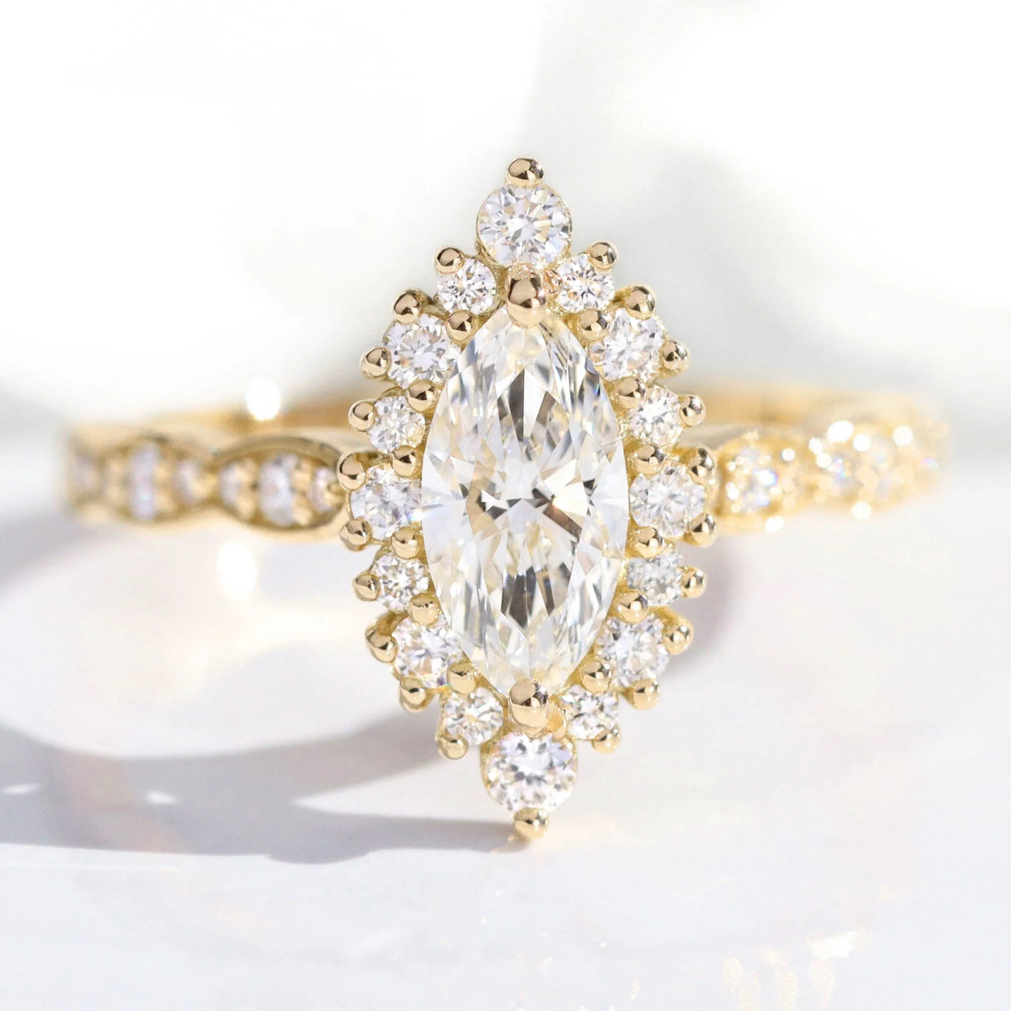 Marquise Lab Diamond Scalloped Ring w/ Natural Diamonds in Tiara Halo Ring