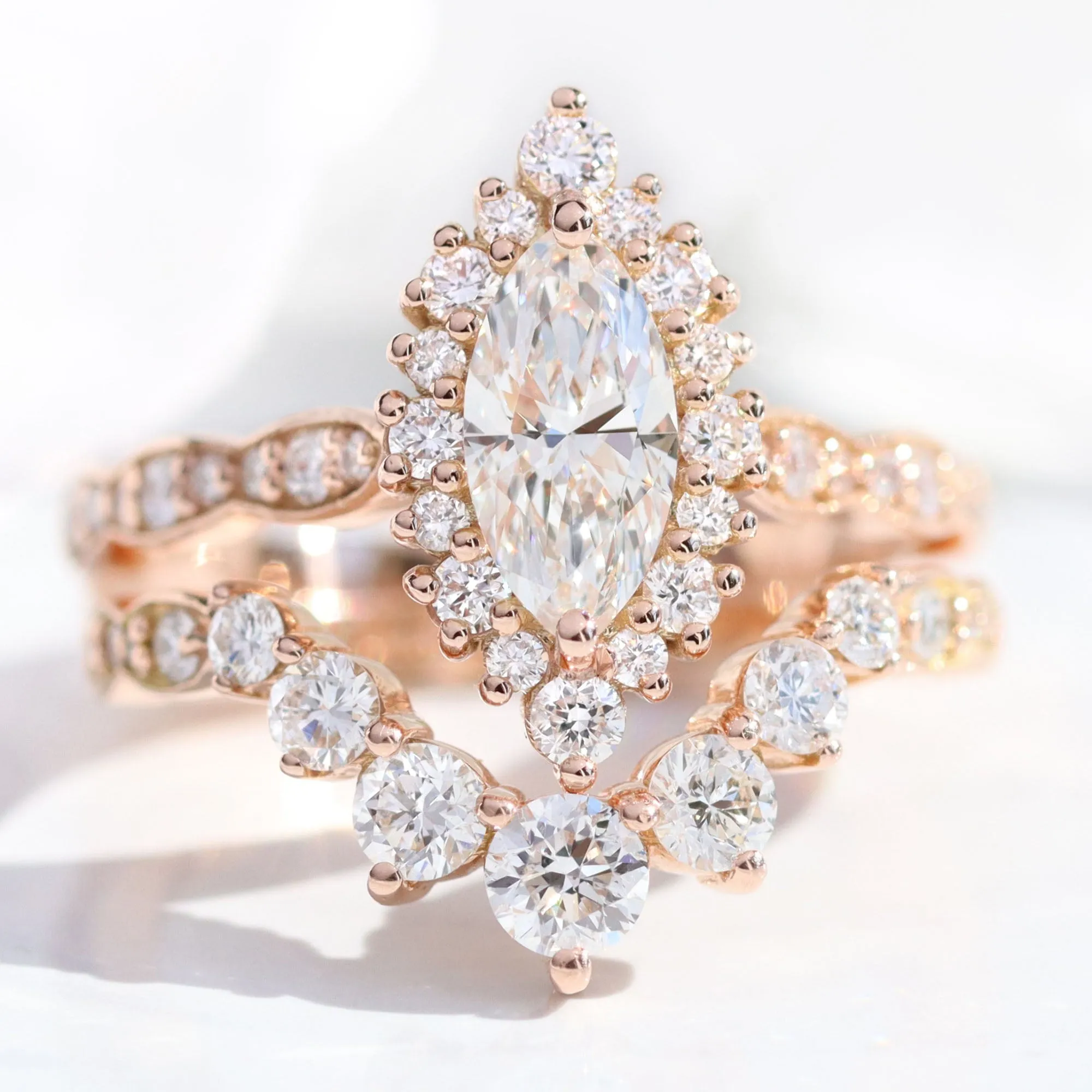 Marquise Lab Diamond Scalloped Ring w/ Natural Diamonds in Tiara Halo Ring