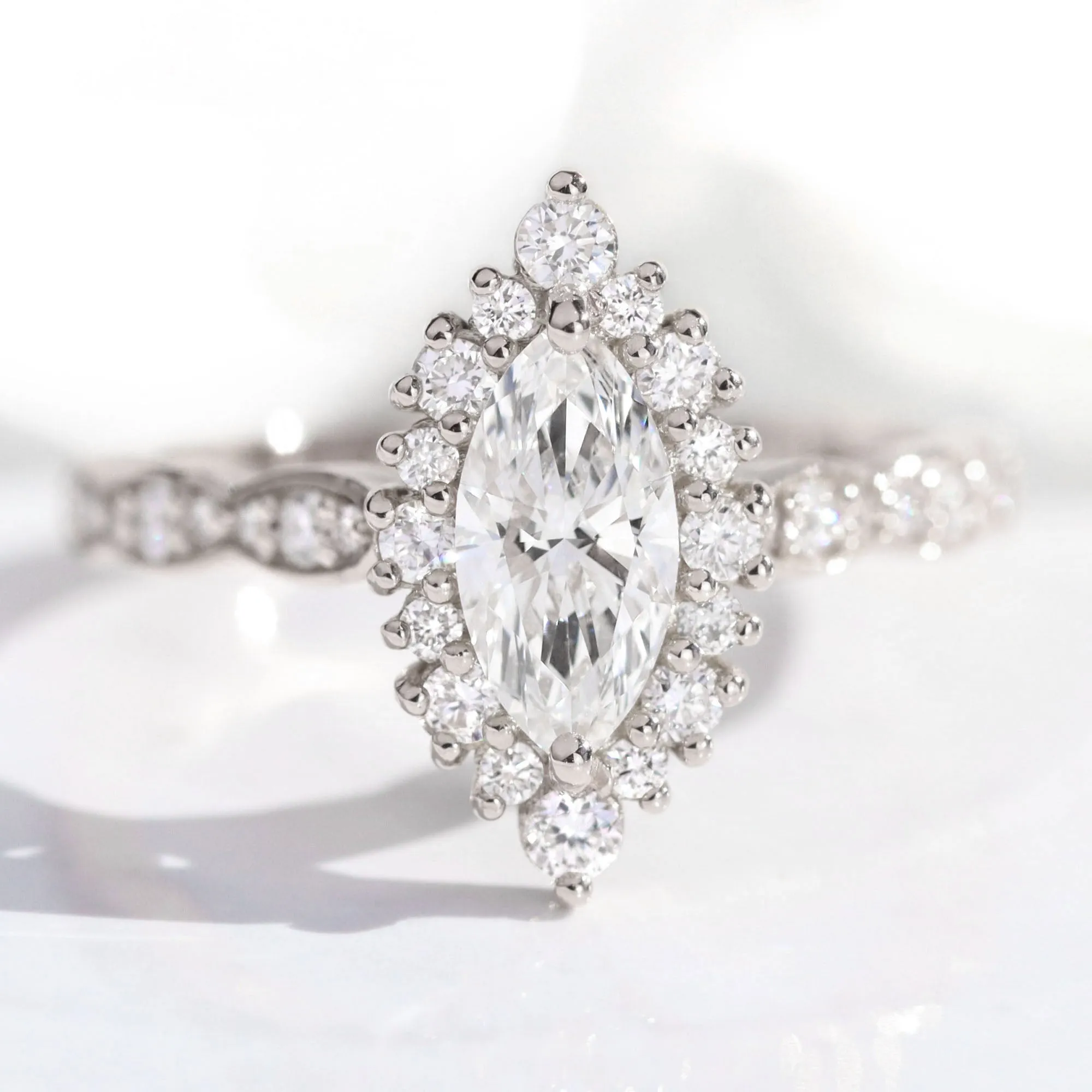 Marquise Lab Diamond Scalloped Ring w/ Natural Diamonds in Tiara Halo Ring