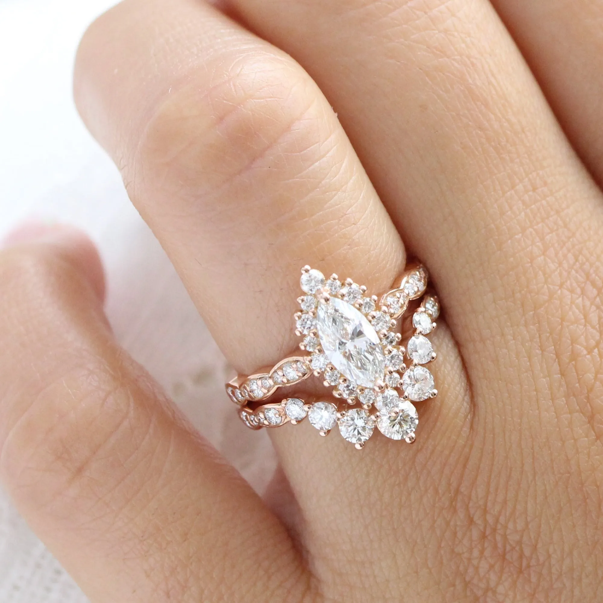 Marquise Lab Diamond Scalloped Ring w/ Natural Diamonds in Tiara Halo Ring