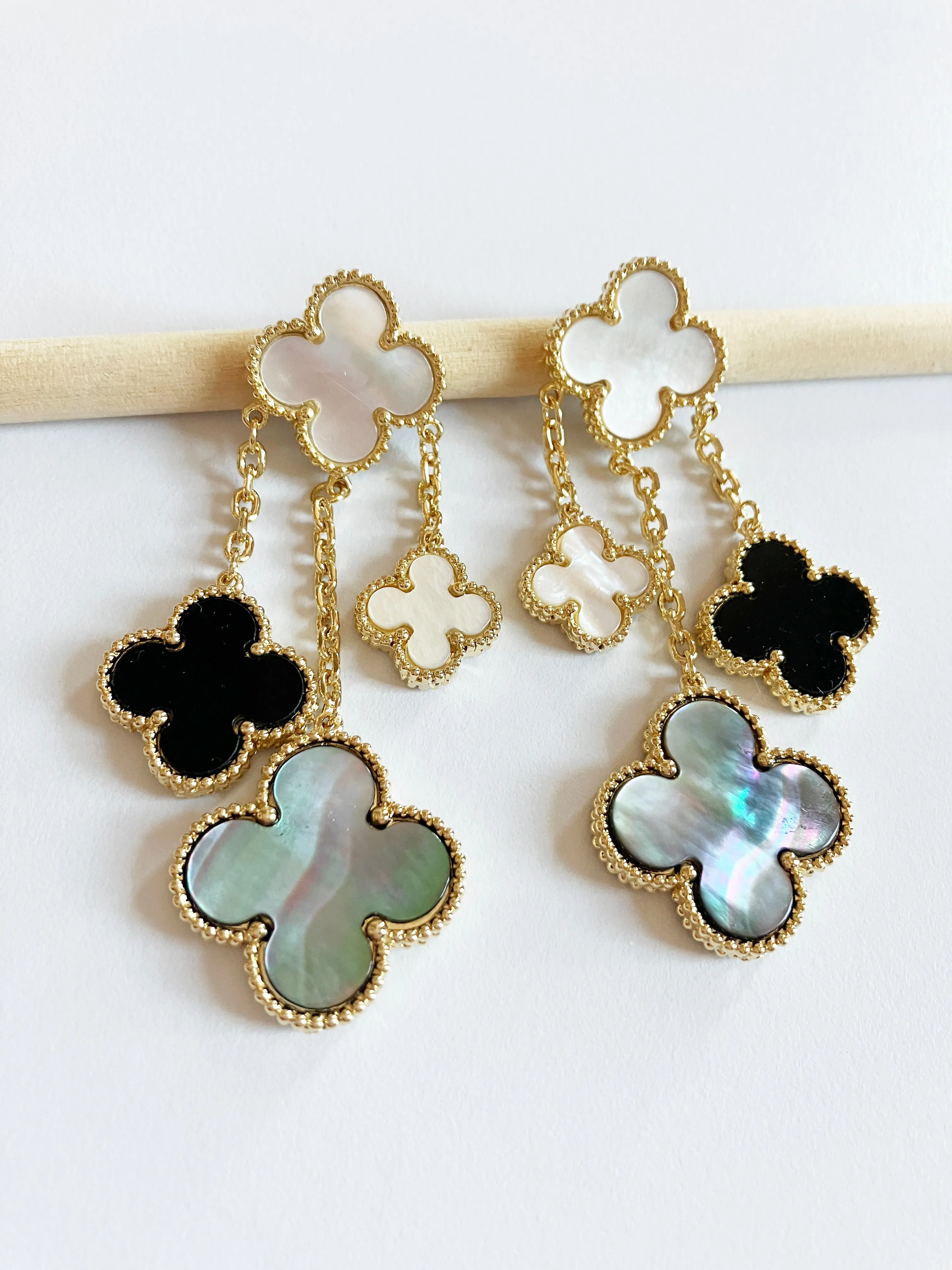 Mother of Pearl and Onyx Chandelier Earrings in Gold