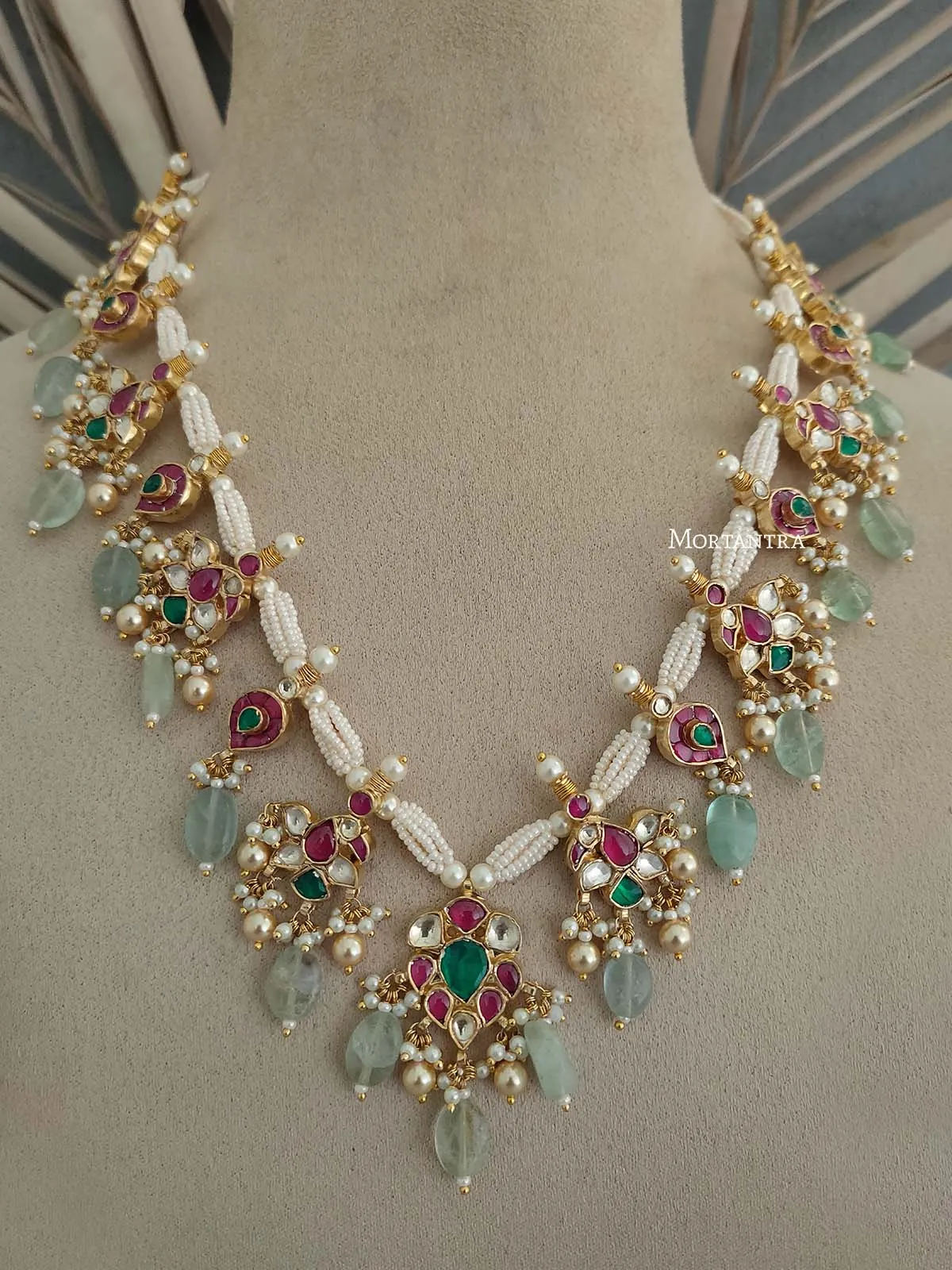 Multicolor Gold Plated Jadau Kundan Necklace Set - MS1772M