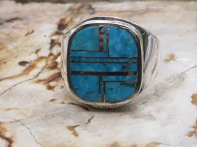 Native American Made Channel Inlay Turquoise and Sterling Silver Men's Ring